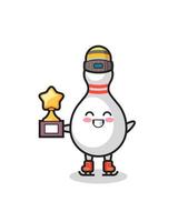 bowling pin cartoon as an ice skating player hold winner trophy vector