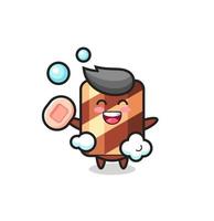 wafer roll character is bathing while holding soap vector