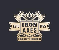 Logotipo vintage de equipos forestales, emblema con ejes de leñadores vector
