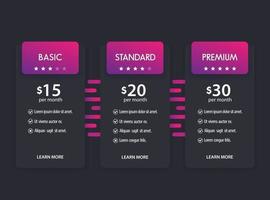 Banner for tariffs, set of vector pricing table, boxes