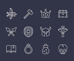 Game line icons set 2, armor, war hammer, crossbow, arrows and bow vector