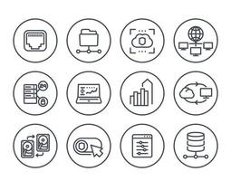 servers, networks, cloud solutions, data storage, hosting line icons vector