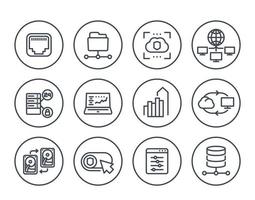 servers, networks, cloud solutions, data storage, hosting line icons vector