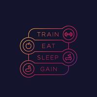 Train, eat, sleep, gain, fitness poster, basic training principles vector