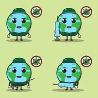 Cute happy smiling Earth soldier with vaccine set. vector