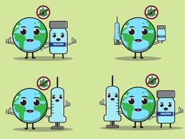 Cute happy smiling Earth with vaccine set collection vector