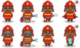 Vector illustration of Girl firefighters set.