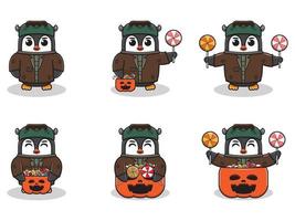 pingüino halloween set frankenstein vector