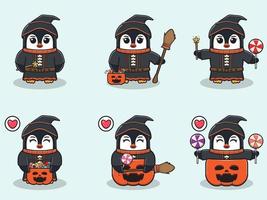 pingüino halloween set bruja vector