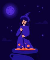 Witch with cauldron. Halloween.Background with stars,cloud and moon. vector