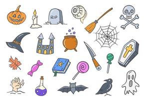 halloween doodle hand drawn set collections with flat outline style vector