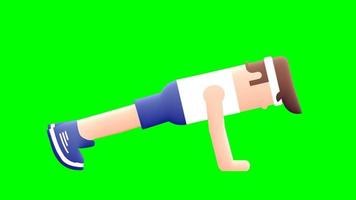A boy doing push ups on green background.