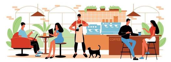People In Cafe Horizontal Illustration vector