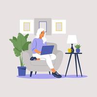 Woman sitting with laptop. Concept working, studying, education. vector