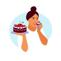 Woman greedily eats cupcake. Vector illustration