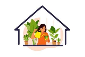 quedarse en casa concepto. mujer regando plantas de interior en casa. vector