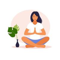 mujer meditando en la naturaleza. concepto de meditación, relajación, recreación. vector