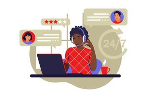 concepto de servicio al cliente. mujer africana con auriculares. vector