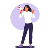 Woman is speaking into a megaphone. Announcement, warning concept. vector