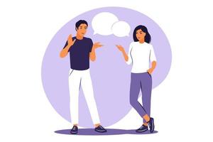 Live conversation concept. Guy and girl standing with speech bubbles. vector