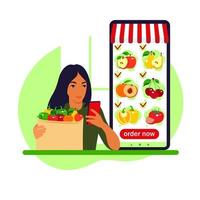Online food order. Grocery delivery. Woman shop at an online store. vector