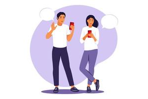 Live conversation between two friends. People standing with phones. vector