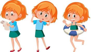 conjunto de un personaje de dibujos animados de niña con diferentes posiciones vector