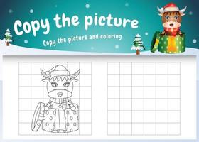 copy the picture kids game and coloring page with a cute buffalo vector