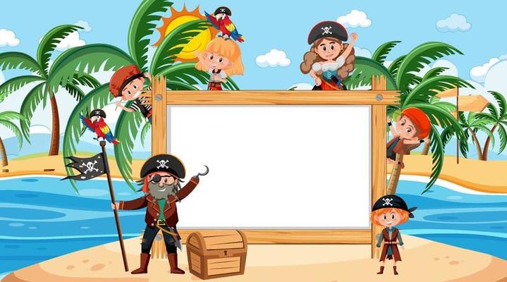 Empty wooden frame with pirate kids cartoon character at the beach