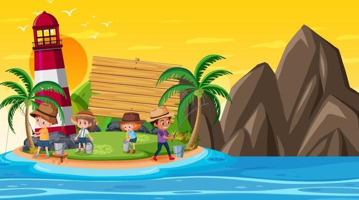 Empty banner template with kids on vacation at the beach sunset scene