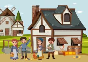 Medieval town scene with villagers vector