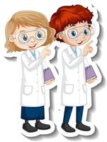 Cartoon character sticker with couple scientists in science gown vector