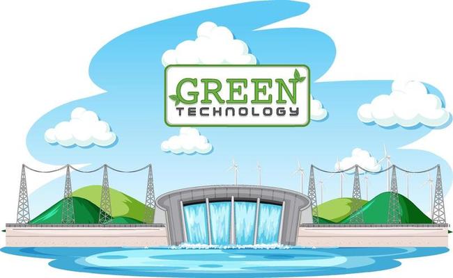 Hydro Power Plants generate electricity with green banner