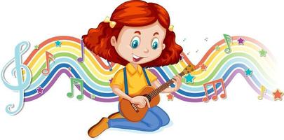 niña tocando la guitarra con símbolos de melodía en la onda del arco iris vector