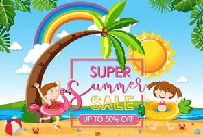 hola banner de venta de verano con muchos niños en la playa vector