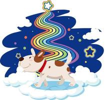 lindo perro de pie en la nube con arco iris vector