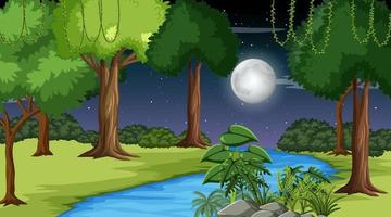 Forest at night scene with long river flowing through the meadow vector