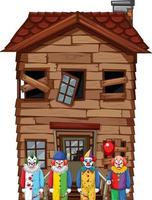 Creepy clowns standing in front of an abandoned house vector