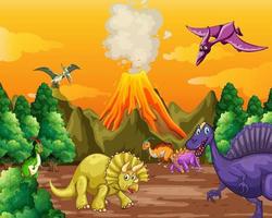 Escena del bosque prehistórico con varios dinosaurios.