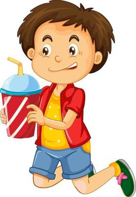 Happy boy cartoon character holding a drink plastic cup