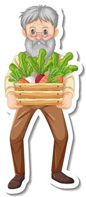 Sticker template with a gardener old man holds vegetable box isolated