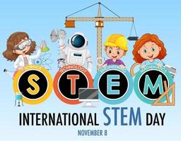 International STEM Day banner with kids cartoon character vector