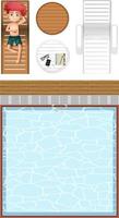 Top view of swimming pool and a boy cartoon character vector