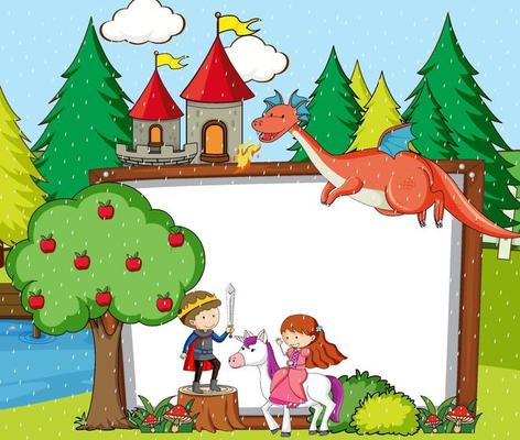 Blank board in forest scene with fairy tales cartoon character