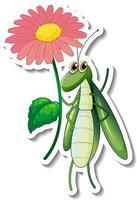 Sticker template with grasshopper holding a flower vector