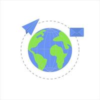 Paper plane, postal envelope fly around the world vector