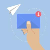 Hand hold blue postal envelope, around flying paper plane vector