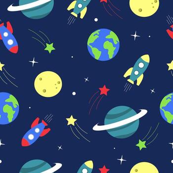 Seamless pattern with rocket, planet on space vector