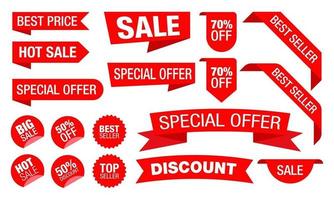 A collection of red ribbon label. Discount label set. vector