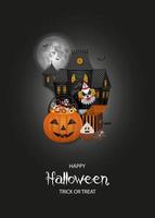 halloween background with haunted house, pumpkin bucket and sweets vector